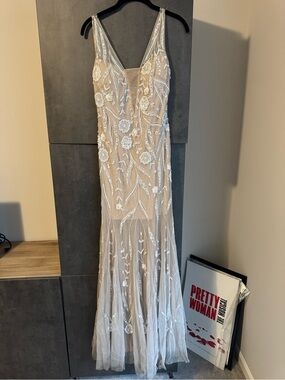 Adrianna Papell Nude and White Beaded Floral Maxi Gown